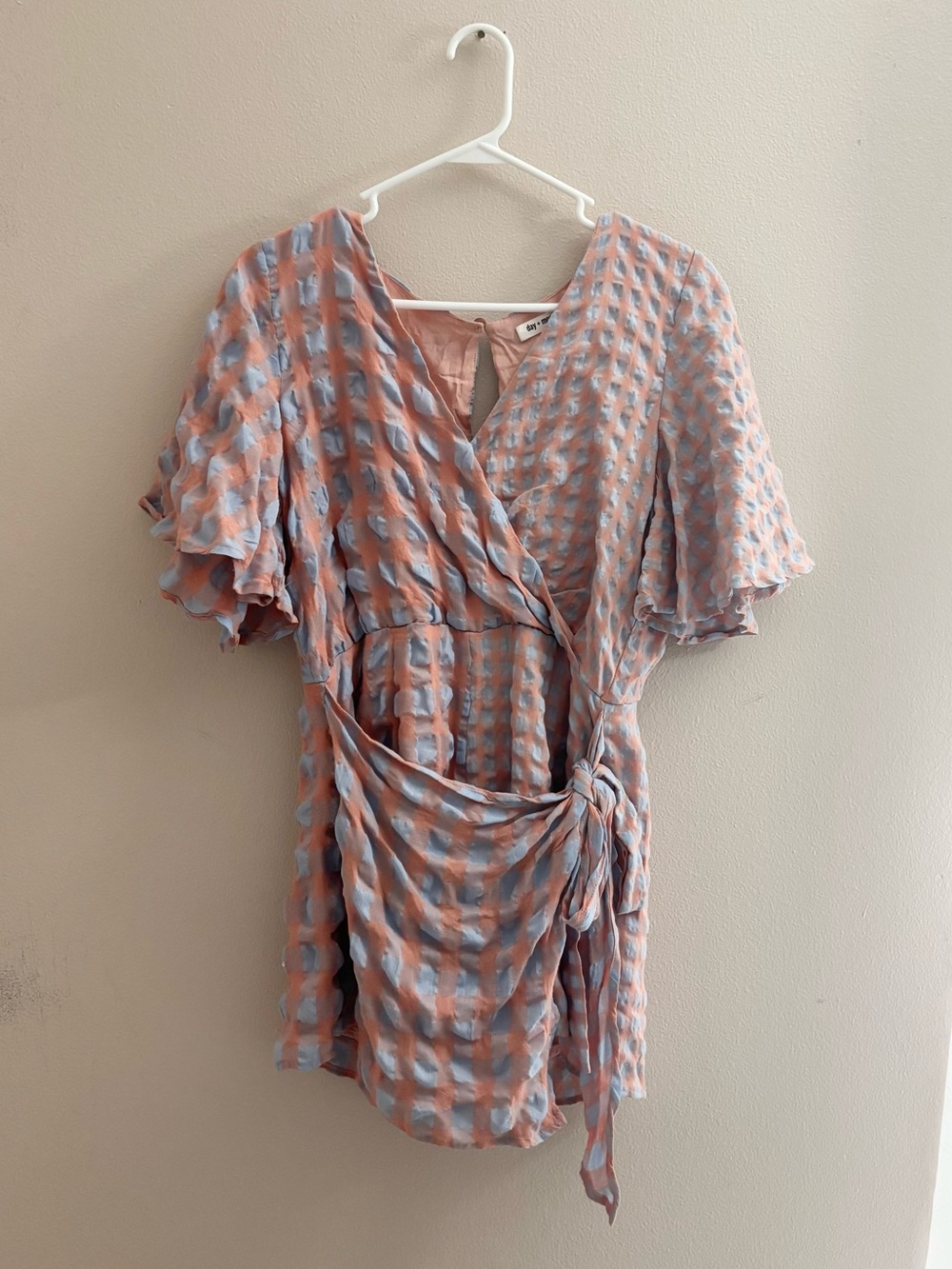Day + Moon Women’s Peach & Blue Wrap Romper with Tie Waist - Picture 4 of 8